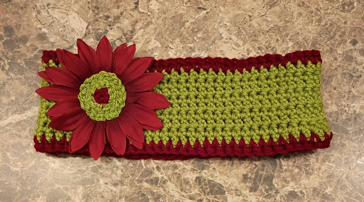 Sunflower Themed Headband / Ear Warmer (Maroon, Green)
