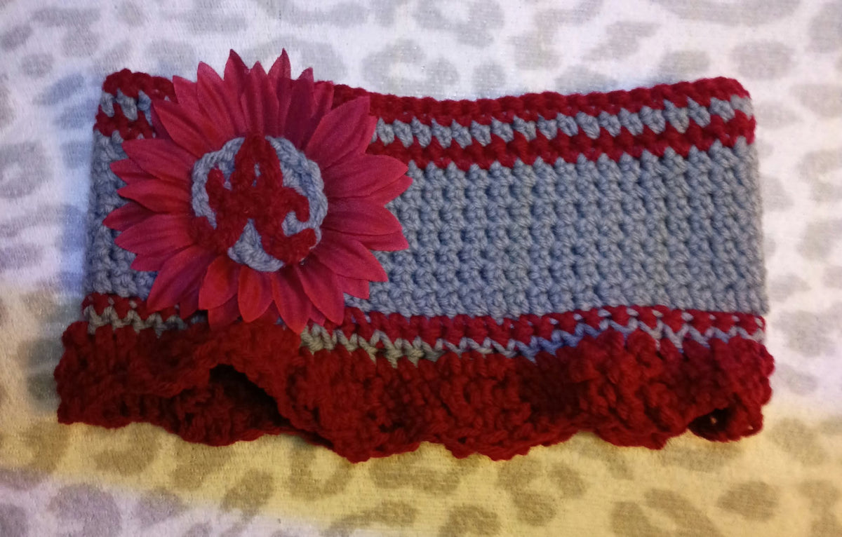 Alabama Sunflower Crochet Headband, Maroon & Gray Ear Warmer
