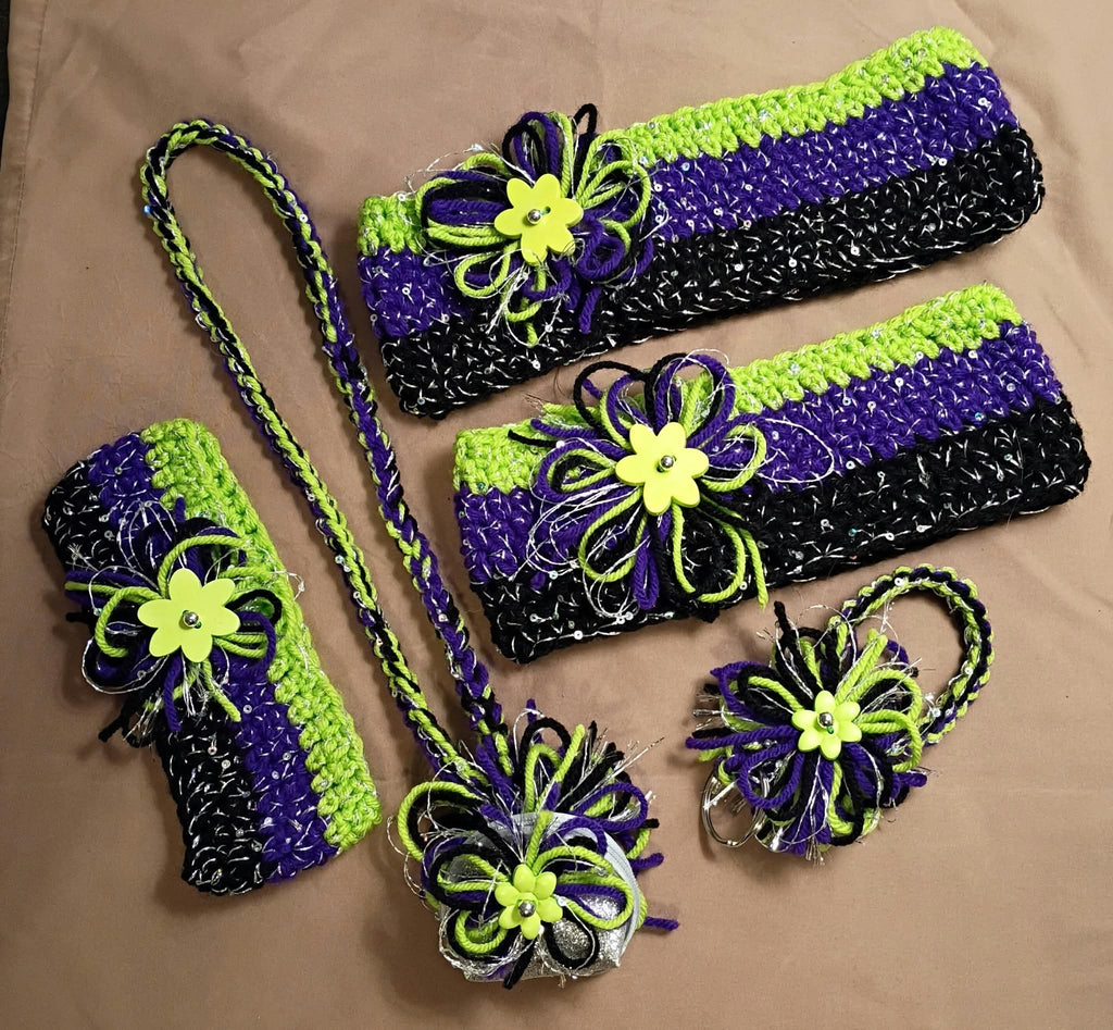 Halloween collection in purple, green, black, and silver: headbands, wristlet, and necklace/lanyard, each sold separately