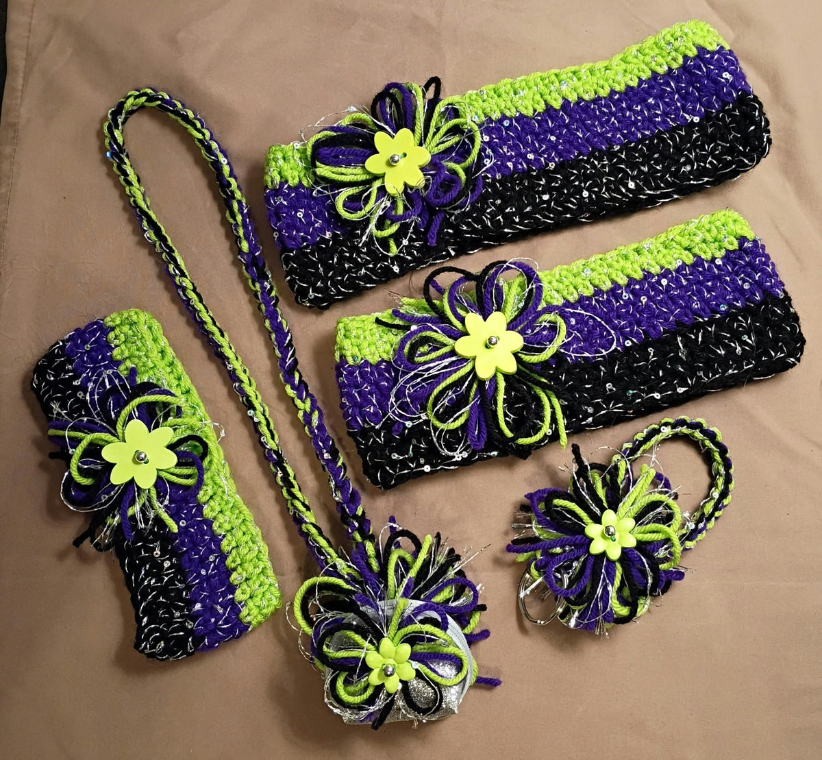 Halloween collection in purple, green, black, and silver: headbands, wristlet, and necklace/lanyard, each sold separately