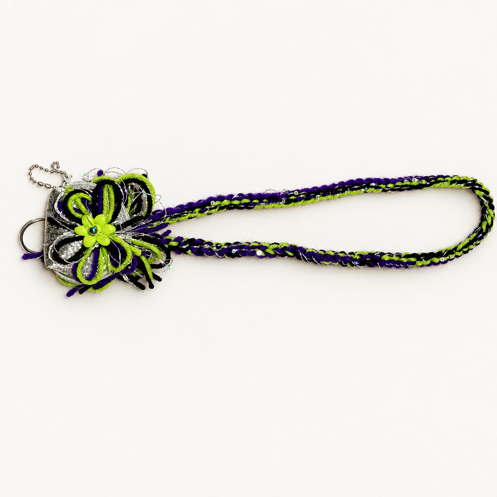 Cleaned-up purple-and-green wristlet