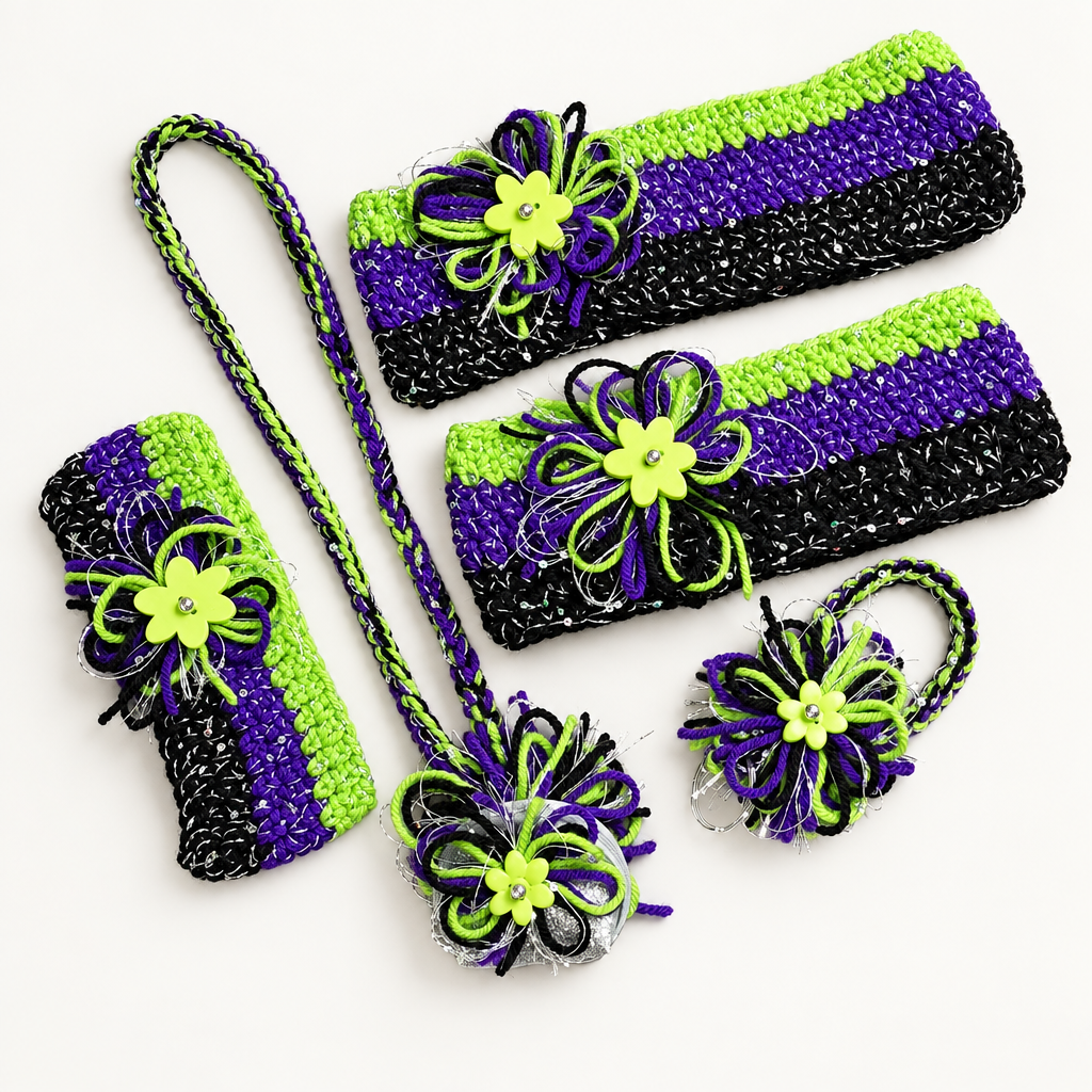 Full matching Twilight Sparkle Halloween collection flat lay: headbands, wristlet, and necklace lanyard in purple, green, black, and silver