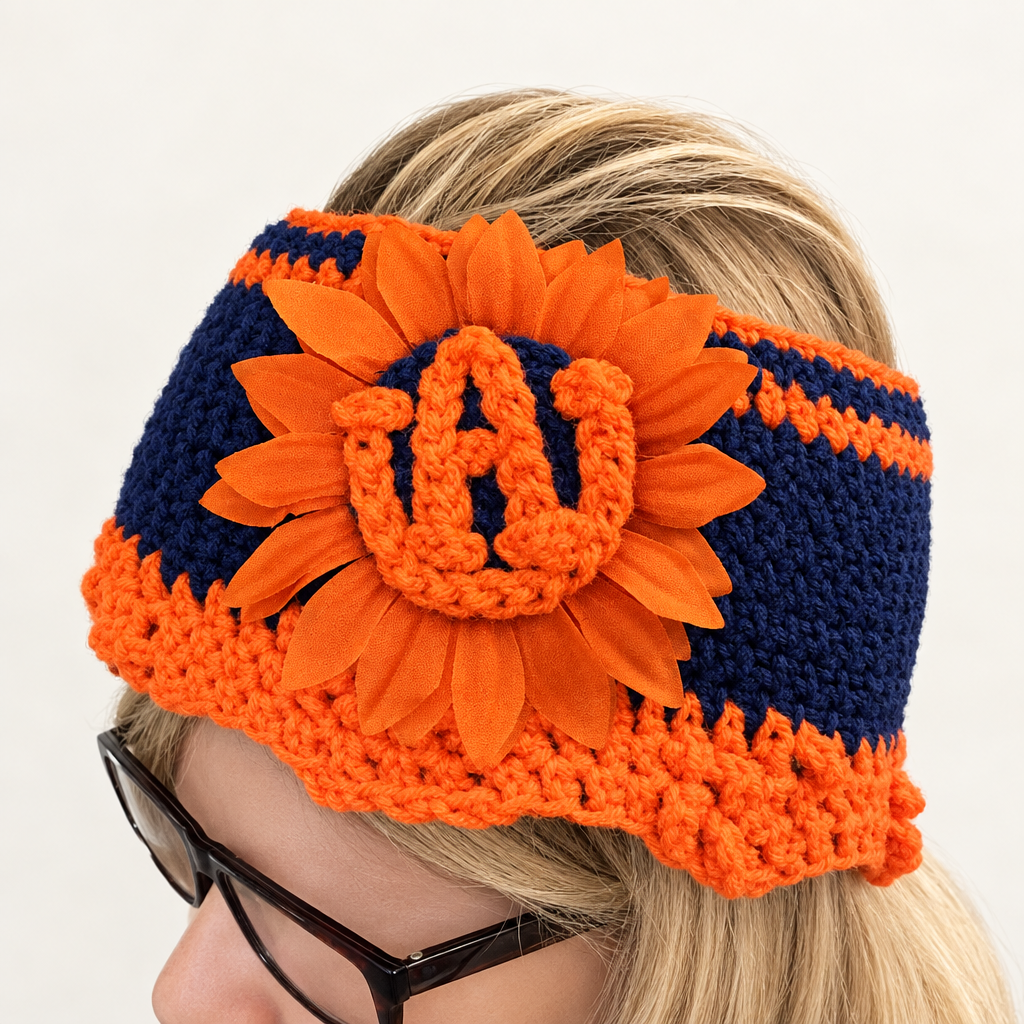 Auburn sunflower crochet headband in navy blue and orange worn on a blonde wig, showing the crocheted AU letters inside the fabric sunflower
