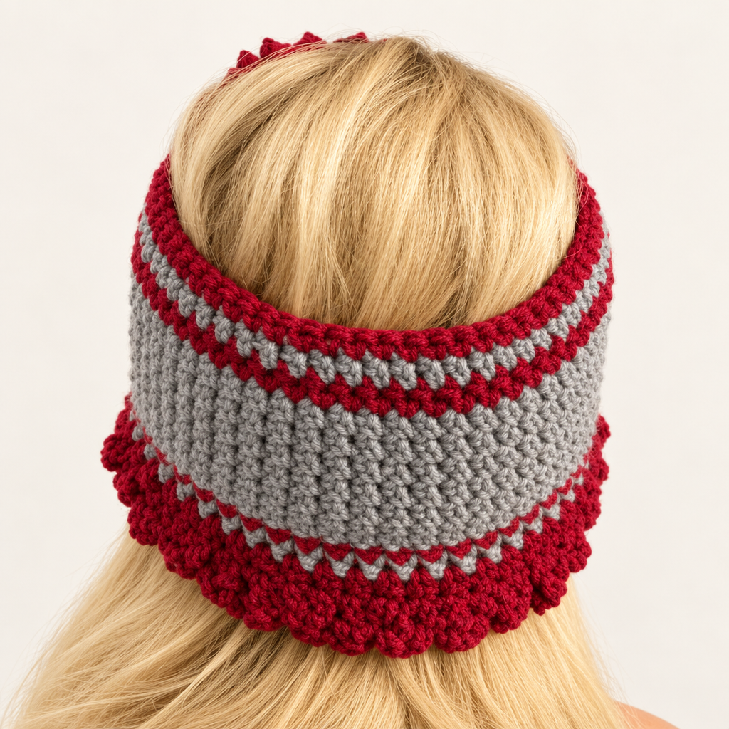 Back view of Alabama sunflower crochet headband in maroon and gray with textured trim