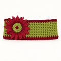 Handmade crocheted sunflower headband in olive green with maroon trim and a deep red fabric daisy accent