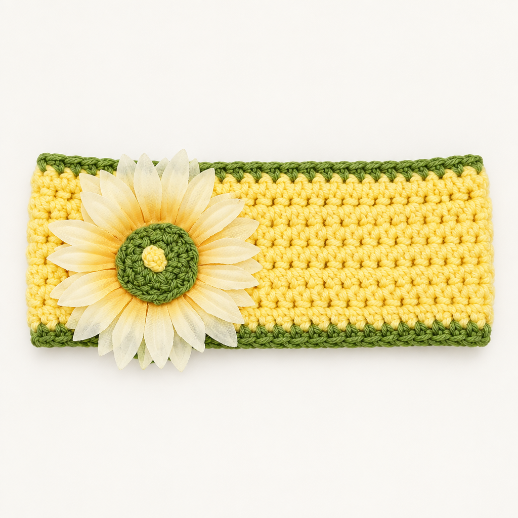 Handmade crocheted sunflower headband in yellow with olive green trim and a fabric daisy accent