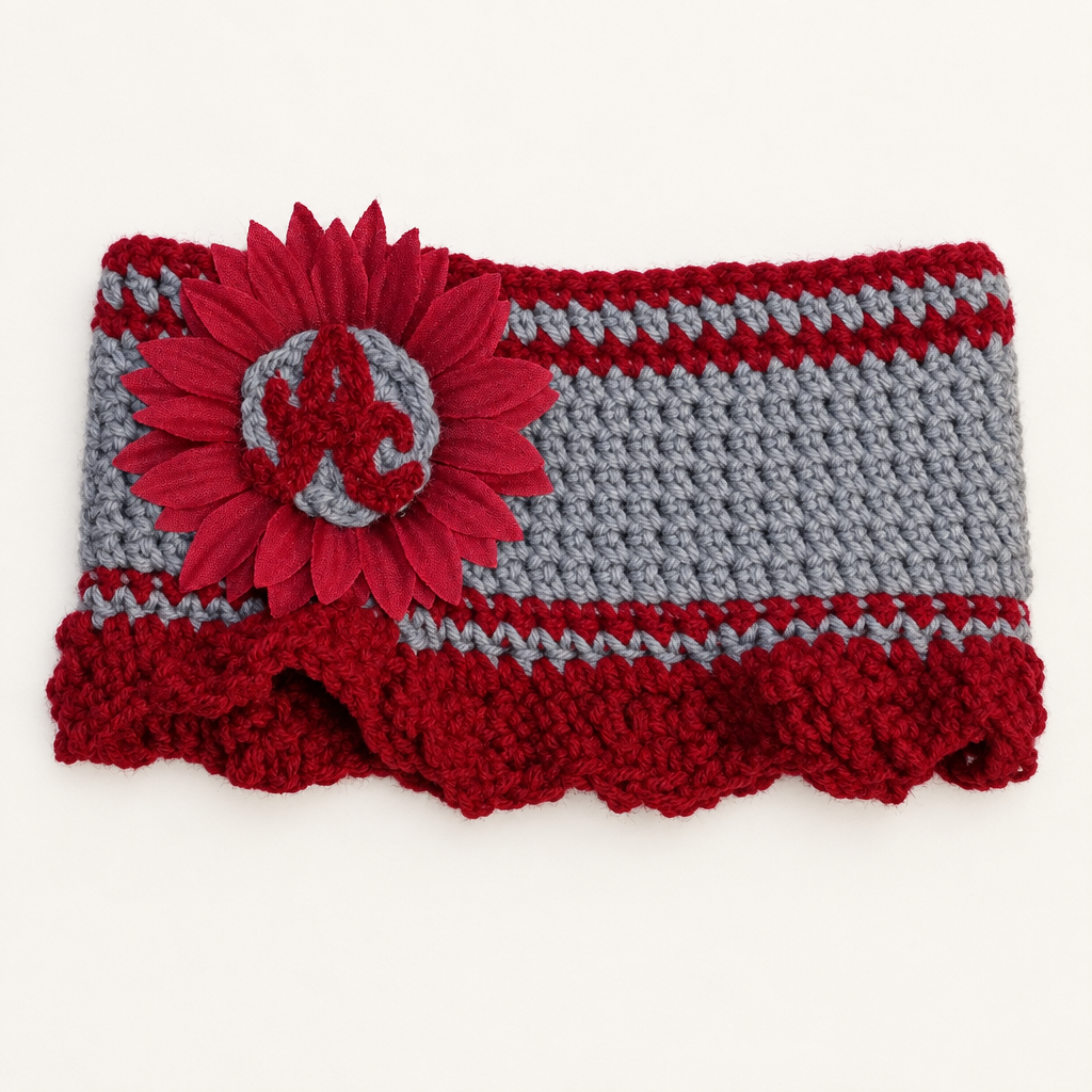 Alabama sunflower crochet headband laid flat, showing the gray body, maroon ruffle trim, and the fabric sunflower with a fuzzy red A in the center