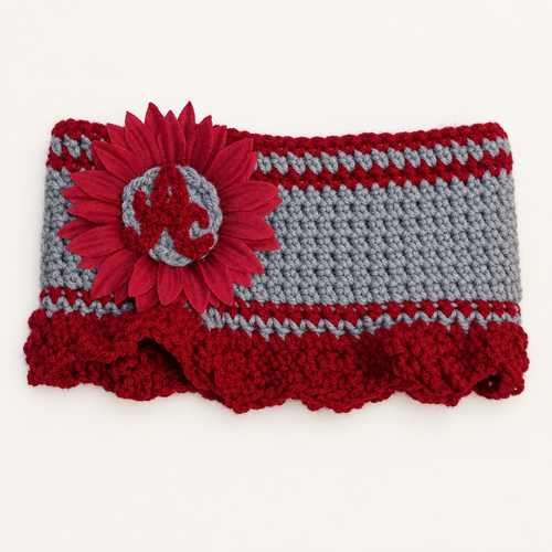 Alabama sunflower crochet headband laid flat, showing the gray body, maroon ruffle trim, and the fabric sunflower with a fuzzy red A in the center