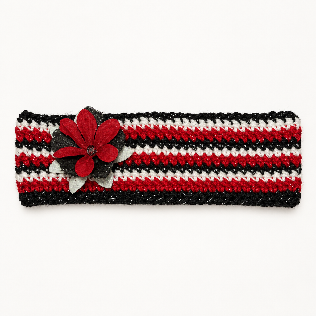 Handmade crocheted headband in red, black, and white stripes with silver sparkle thread and a red fabric flower