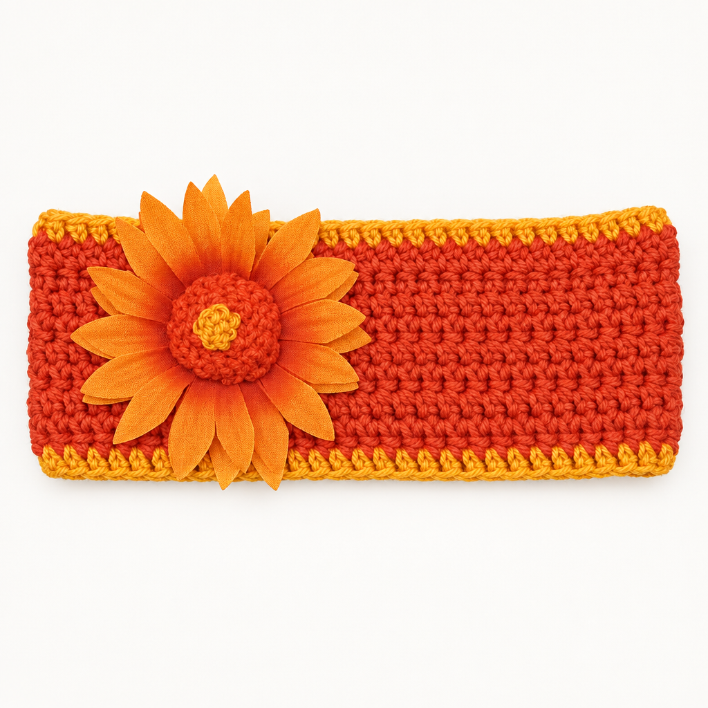 Handmade crocheted sunflower headband in dark orange with golden orange trim and a fabric sunflower accent