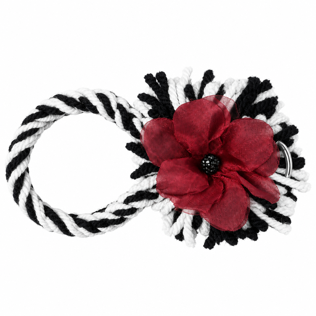 Black and white twisted yarn wristlet keychain with fluffy tassel and dark red satin flower