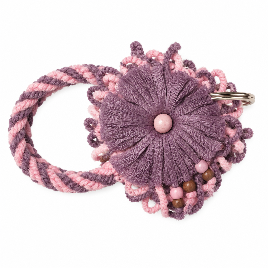 Dusty pink and mauve twisted yarn wristlet keychain with tassel puff and pink and brown wooden beads