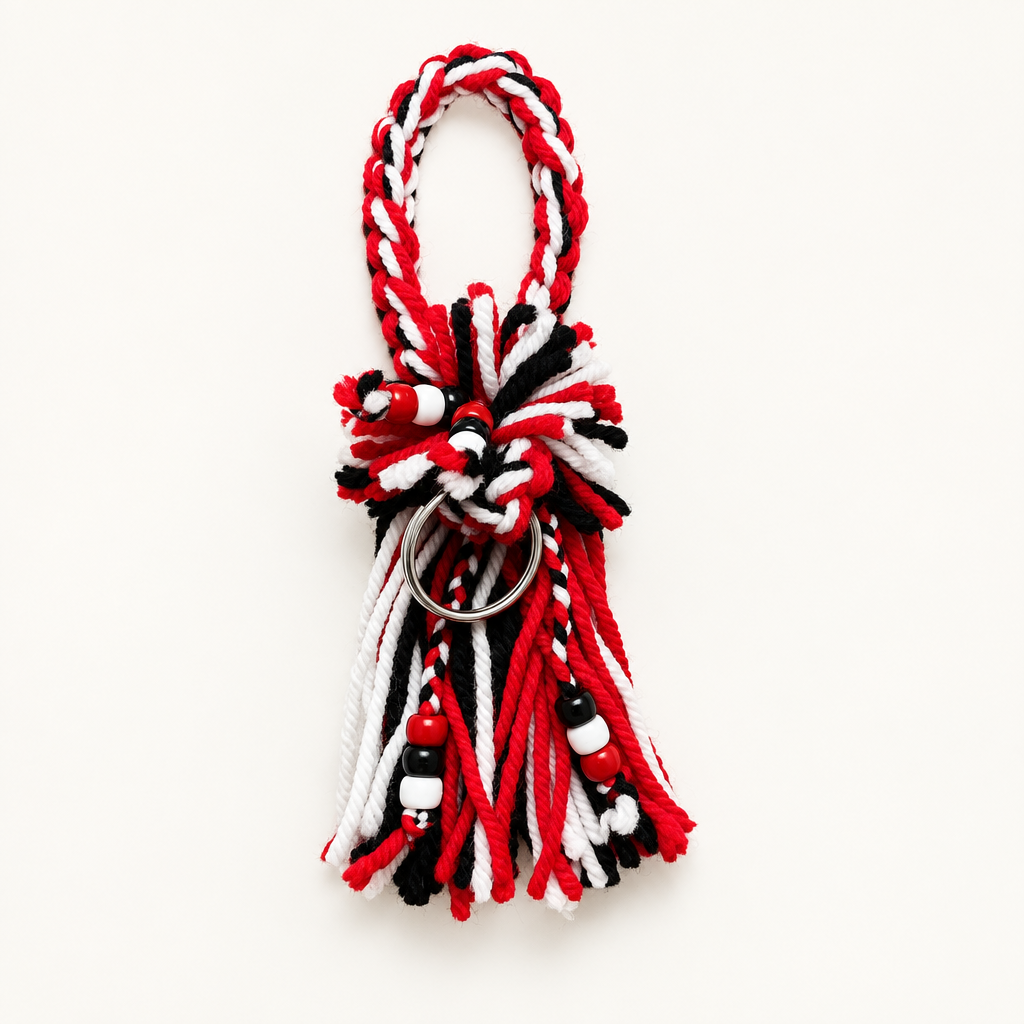 Georgia red, black, and white twisted yarn wristlet keychain with a fluffy tassel, red white and black beads, and a metal key ring
