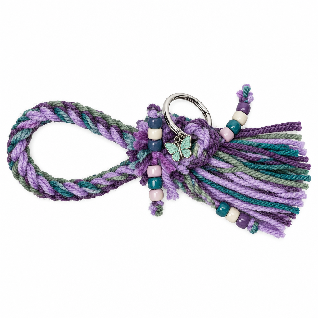 Purple teal and sage twisted yarn wristlet keychain with long beaded tassel and mint butterfly charm