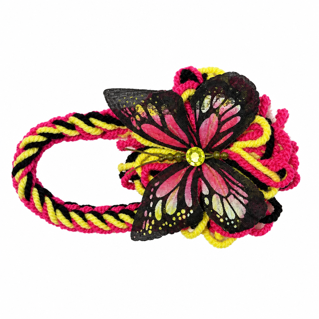 Hot pink black and yellow twisted yarn wristlet keychain with black and pink butterfly charm