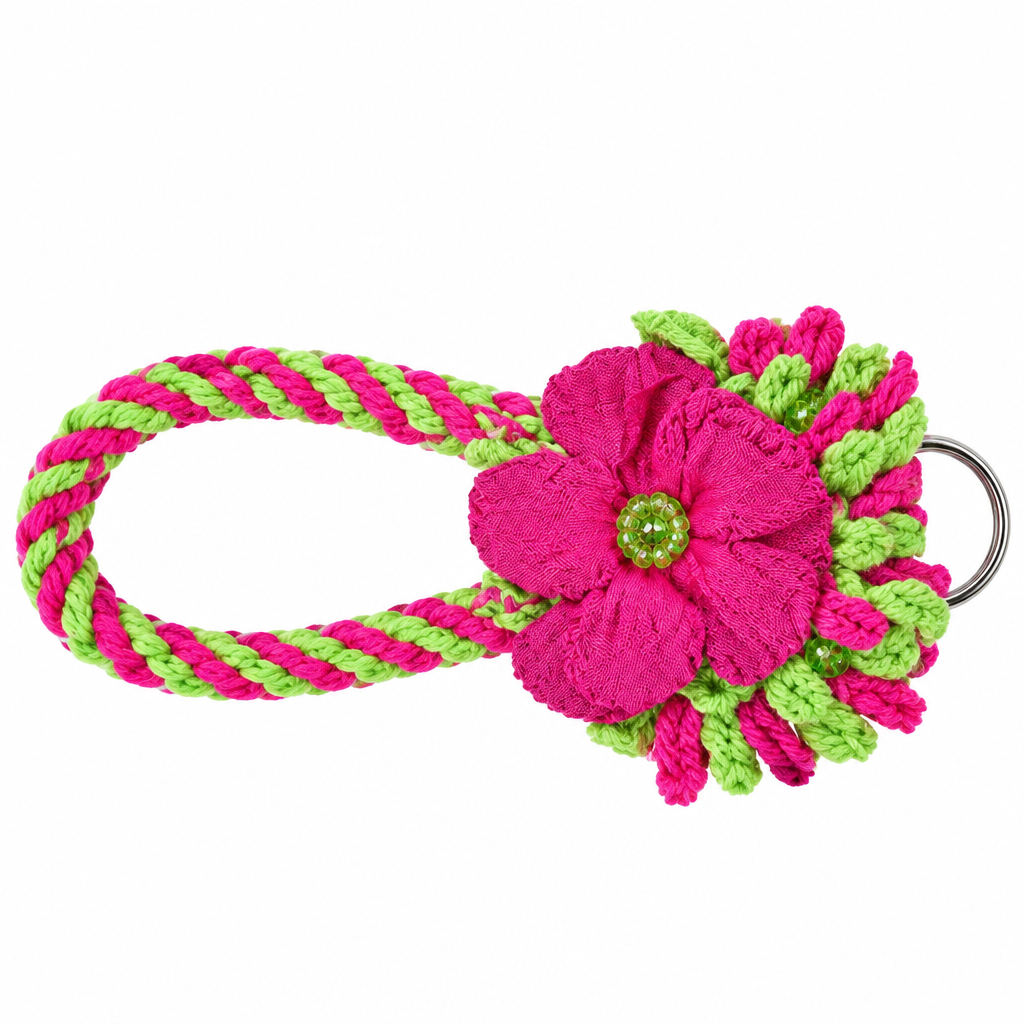 Hot pink and lime green twisted yarn wristlet keychain with three small yarn flowers