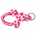 Pink and white twisted yarn wristlet keychain with fluffy tassel and white satin flower