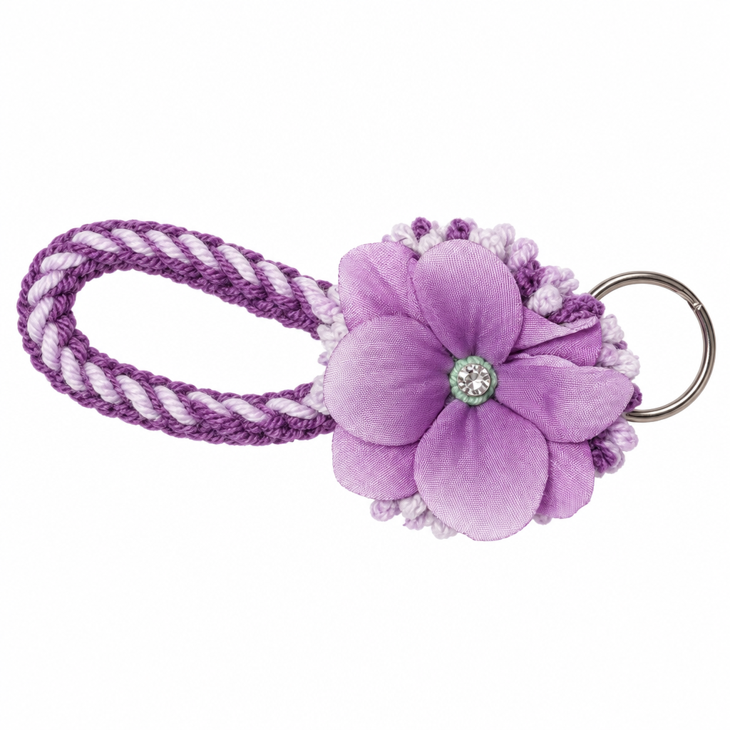 Deep purple and lavender twisted yarn wristlet keychain with lilac tassel and lilac satin flower