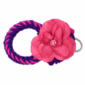 Purple and hot pink twisted yarn wristlet keychain with large satin flower and crystal center