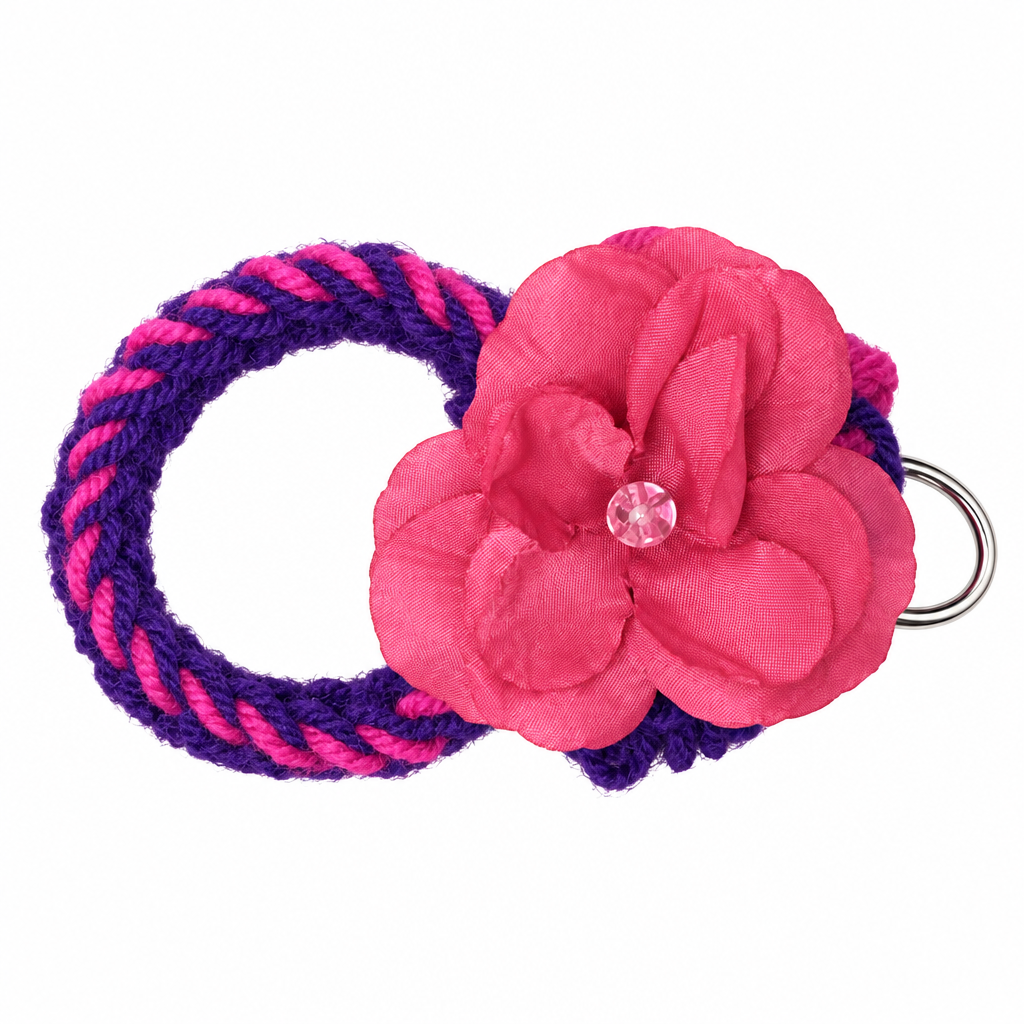 Purple and hot pink twisted yarn wristlet keychain with large satin flower and crystal center