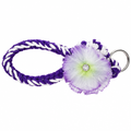 Purple and white twisted yarn wristlet keychain with fluffy tassel and purple satin flower