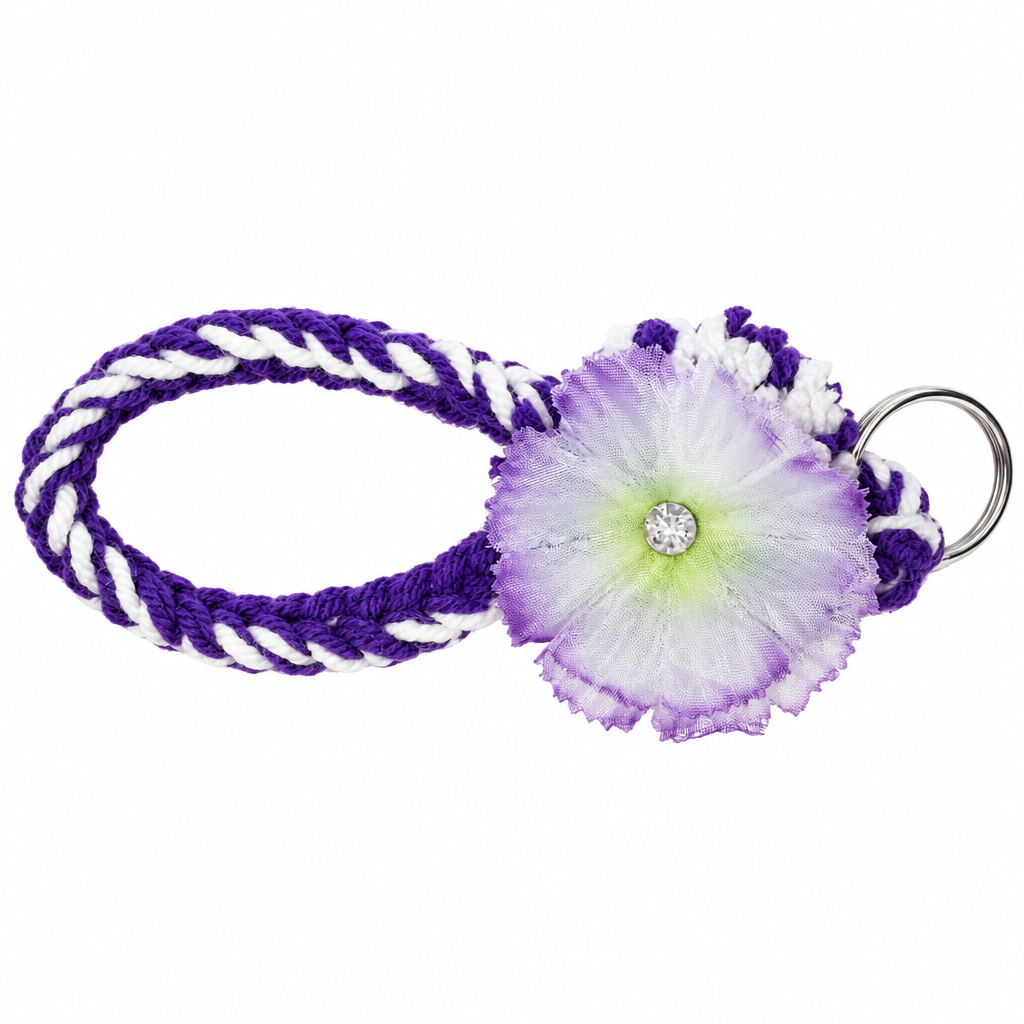 Purple and white twisted yarn wristlet keychain with fluffy tassel and purple satin flower