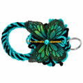 Teal and black twisted yarn wristlet keychain with shimmering teal butterfly charm and turquoise gem