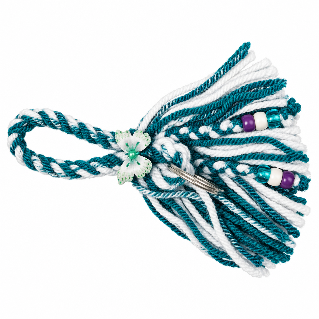 Teal and white twisted yarn wristlet keychain with fluffy tassel and white satin flower